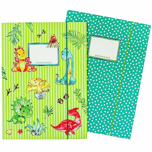 Papierdrachen 2 hochwertige Schulmappen für Kinder DIN A4 | Motiv Dino - Postmappe für Grundschüler - Heftsammler - Sammelhefter - Set Nummer 4