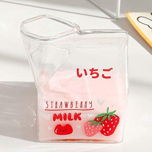 WANZSC 380ml Kawaii Square Milk Carton Glass Cup Cute Strawberry Creative Breakfast Cup for Home Portable Student Transparent Milk Cups (A)