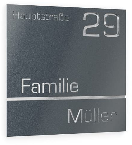 Graviers Design Plaque Numéro de Maison et Nom | Chiffres et lettres personnalisables | 230 x 230 mm Gris anthracite métallisé | Acier inoxydable | Fabriqué en Allemagne