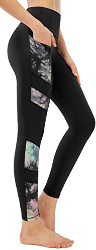 JOYSPELS Women's High Waisted Gym Leggings - Workout Running Sports Black Printed Leggings Yoga Pants for Womens with Pockets UK - HaloDye - M