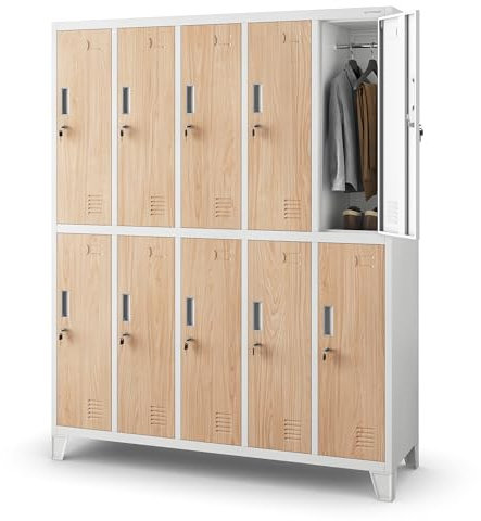 Jan Nowak Umkleideschrank 5B2A Spind Spint Schließfachschrank Metallschrank mit 10 Fächern Etikettenhalter Lüftungsschlitze Metall Pulverbeschichtet 172 x 136 x 45 cm (H x B x T) (Weiß-Holzoptik)