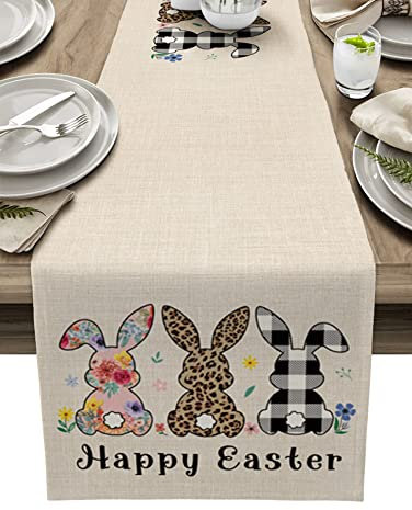 Tischläufer mit Osterhasen-Motiv, Kommode, Schals, niedlicher Kaninchen, Leopardenmuster, Streifen, Frühlingsblumen, dekorativer Läufer für Ostern, Frühling, Oster-Party-Zubehör, 33x274 cm