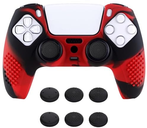 eXtremeRate PlayVital Funda de Silicona para ps5 Mando - Cubierta Protectora con 6 Tapas de Joysticks, Impermeable, Resistente y Antideslizante, Funda de Goma Suave, 3D Tachonado (Rojo Negro)