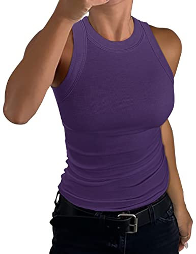 GEMBERA, Canotta vogatore da donna, senza maniche, a collo alto, basica, in cotone, a costine, aderente, Viola, XL
