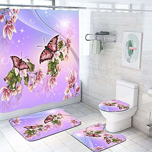 Badezimmerteppich Flieder Schmetterlingsblume Badematte Set 3 Teilig,Teppich Badvorleger rutschfeste (50x80)+U-Typ Wasseraufnahme Schmutzfangmatte +Schnelltrocknend Toilet Fußmatte