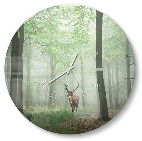 DEQORI Glasuhr | rund Ø 50 cm | Motiv Hirsch zwischen Bäumen | große XXL Design Uhr aus Glas | leise Wanduhr für Wohnzimmer & Küche | moderne Hingucker Uhr für die Wand