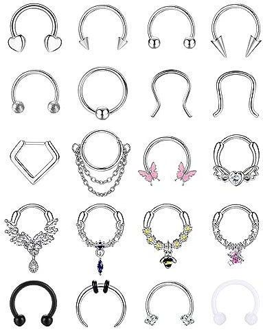 Adramata 20 Pcs 16G Septum Piercing Chirurgenstahl Nasenring Piercing Set Clicker Septum Ringe CZ Tragus Piercing Conch Helix Piercing Ohr Gold Silber Nasenpiercing Ring Septum Piercing Schmuck