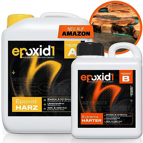 epoxid1® Epoxidharz mit Härter 7,5kg Set | Dickschicht-Harz 4-10cm | glasklar & blasenfrei | ideal zum Gießen von Rivertabel und co | Kunstharz Set | Premium Qualität Made in Germany