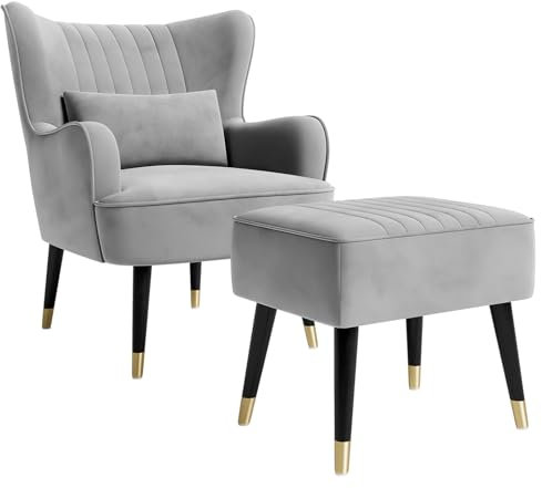 Vesgantti Velvet Armchair with Footstool and Lumbar Pillow, Modern Wing Back Accent Chair with Ottoman, Large Occasional Chair for Living Room Bedroom Study Room Office(Gray)