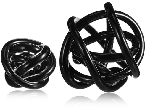 Tioncy 2 Stück schwarze Glasknoten-Deko-Kugeln, 9,9 cm/15,9 cm, abstrakte | Glaskugeln, dekorative Kugel, gedrehtes Glasrohr-Design, zeitgenössischer moderner Mittelpunkt für Couchtisch, Bücherregal