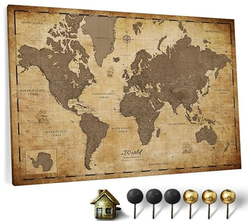 Hochwertige Canvas Weltkarte mit Kork-Pinnwand - Englische Beschriftung - Dekorative Wanddeko für alle Zimmer - Leinwandbilder mit Weltkarte Motiv (70x50 cm, Muster 1)