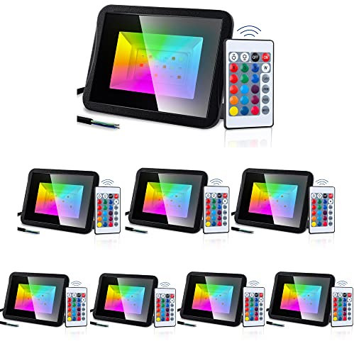 Sonnewelt Lot de 8 projecteurs LED RVB - Projecteur extérieur - Projecteur extérieur - Projecteur étanche - Super lumineux - Avec télécommande - Changement de couleur - Éclairage extérieur - 30 W