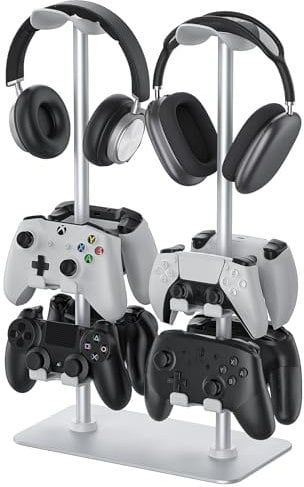 MANMUVIMO Headset Controller Stand for 2 Headset and 8 Controller, Headphone Stand Gaming Controller Holder for PS5 Switch Xbox Airpods Beats Bose, Gaming Room Accessories, Gamer Gifts for Men (White)