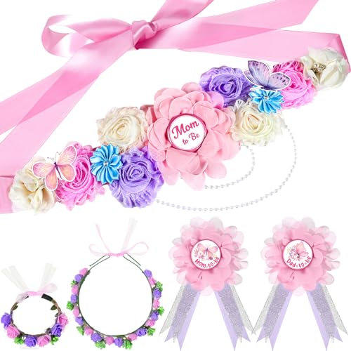 Riceshoot Schmetterlings-Thema Mutterschaft Blume Schärpe und Ansteckblume Set rosa lila Babyparty-Dekorationen werdende Mama zu werdende Papa Pin mit Stirnband Armband für Babyparty