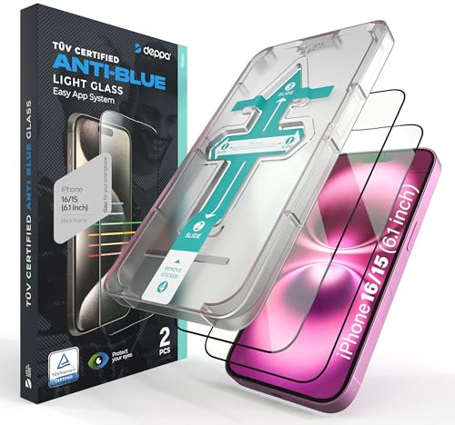 Deppa |2 Stück| für iPhone 16/15 (6.1') Augenschutz Zertifizierter Blaulichtfilter (6,1 Zoll) mit Schablone | Stoßfest | Vollständige Abdeckung | Blasenfreie