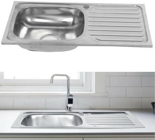 ARA CHOICE Stainless Steel Square Single Bowl Kitchen Sink Reversible Waste Plumbing Kit with Drainer & Inset Wastes Set 76 x 41 x 18 cm