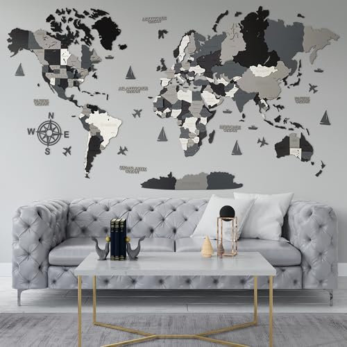 Hölzerne Weltkarte (Deutsch) - 3D Art Large Wall Decor - Karte Größe (M, L, XL) Jeder Anlass Geschenkidee - Wandkunst für Haus, Küche oder Büro (NACHT, XL (213x113 cm))