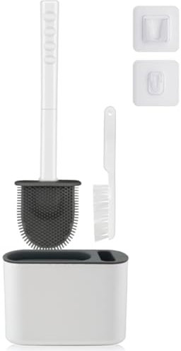 METODIM Silicone Toilet Brush and Holder, Bathroom Toilet Brushes with Crevice Cleaning Brush, Deep Cleaner Toilet Brush Set with Soft Flexible Bristle Brush, Long Handle, Anti-drip Base
