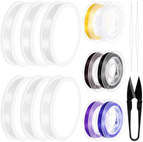 Swpeet 15 pezzi 6 rotoli di filo elastico colorato da 0,4 mm, 0,5 mm, 0,6 mm, 0,7 mm, 0,8 mm, 1 mm, aghi per perline da 125 mm, kit assortito di forbici a U, filo per perline trasparente per gioielli
