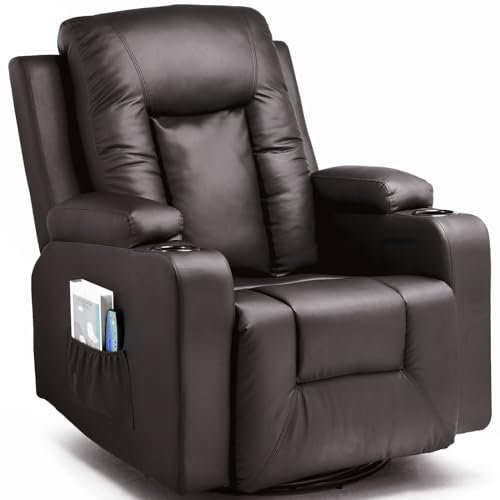 COMHOMA Relaxsessel mit Verstellbarer Rückenlehne und Fußstütze, 360° drehbarer Loungesessel aus PU-Leder mit Getränkehaltern und Seitentaschen, ergonomische Ganzkörperunterstützung, Braun