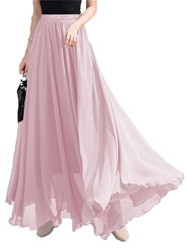 FM2018XSL Gonna Donna Lunga in Chiffon Elastico Vita Estiva Casual Fluido Tulle Boho Gonne da Spiaggia,M,Rosa Chiaro