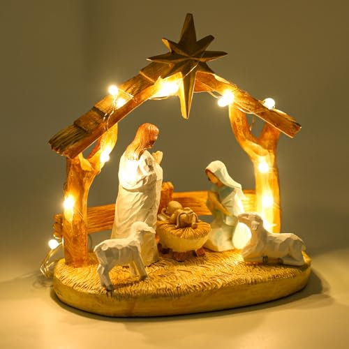 Nativity Sets for Christmas Indoor Nativity Set with LED Lights Nativity Scene with Manger, Nativity Sets & Figures Nativity Story- Festive Christmas Decorations Indoor