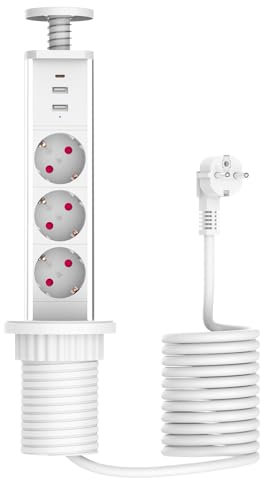 Logtronik Multiprise Encastrable Charge Rapide Bloc Prise Escamotable à la Norme Européenne 3 Prises avec 2 USB A et 1 USB-C PD 20W-Diamètre 60mm Câble 1,8m-pour Cuisine ou Bureau (Blanc)