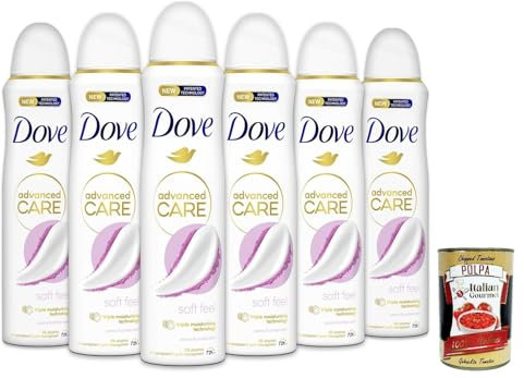 Dove Deodorante Spray Advanced Care Soft Feel, deo Mit feuchtigkeitsspendenden und empfindlichen Formel,ohne Alkohol, 72 Stunden, 6x 150 ml + Italian Gourmet polpa 400g