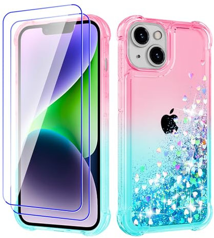 Pilaru Lovely for iPhone 14 Plus Case[2 Screen Protector] Clear Liquid Heart Glitter Soft TPU Cover Transparent Girly Shockproof Protective Phone Case for iPhone 14 Plus,Rose-Green
