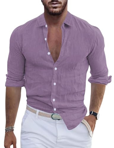 shownicer Camicia Lino Uomo Manica Lunga Camicia Tinta Unita Cotone Lino Camicia con Bottoni Slim Fit Camicie in Lino da Spiaggia Hawaiian Top A1 Viola XL