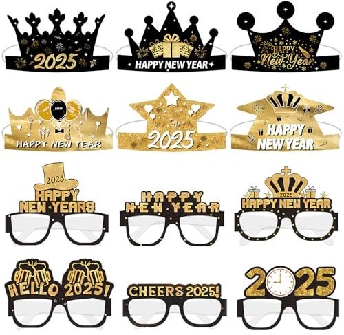 TOPJOWGA Silvester Brille 2025, 12 Stück Partybrille Haarreifen, Happy New Year Brillen, Frohes Neues Jahr, Neujahrsdeko Lustige Party Favors