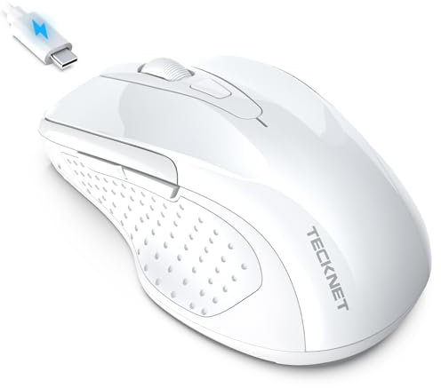 TECKNET Bluetooth Mouse Jiggler, Rechargeable Wireless Mouse (BT 5.0/3.0+2.4G) with Build-in Jiggler Mover Keeps Computer Awake, 4800 DPI Silent Ergonomic 6 Buttons Mouse for Laptop, White
