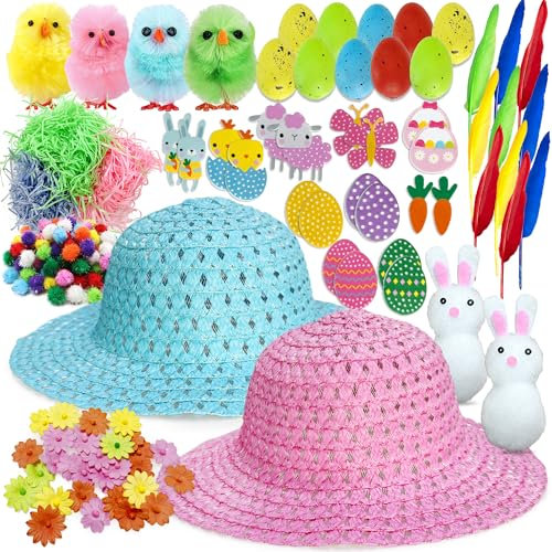 Edmirfun Kids Easter Bonnet Kit, Make Your Own Bonnet Hat Craft Set with 2 Straw Hats, Chicks, Bunny, Carrots, Eggs, Flowers for Easter Hat Decoration, Kids Easter Bonnet DIY Activity