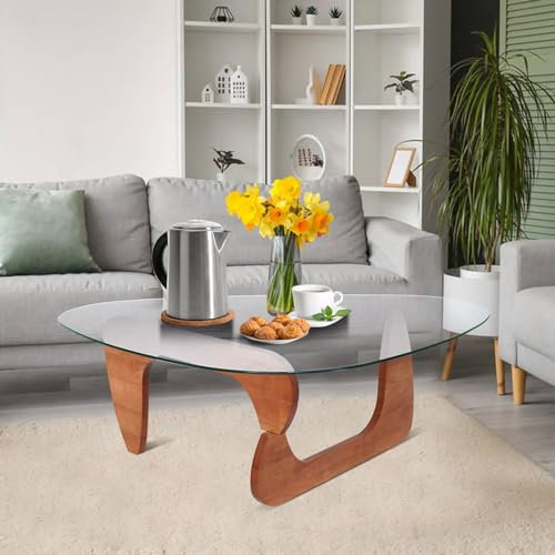 Moderna mesa de centro de té ovalada de cristal transparente con base de madera natural, diseño triangular, parte superior de vidrio templado, base de madera maciza, acabado de nogal claro, 82 x 57 x