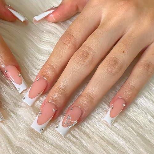 NLFOX Long False Nails French Tip - 24PCS Pink Coffin Press On Nails - Acrylic Material - Strong & Long Lasting