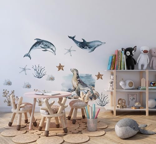Wandtattoo Meerestiere für Kinderzimmer, Abnehmbare Wandsticker Delfin und Robbe, Unterwasserwelt Deko, Korallenriff Wandbilder, Maritime Wandaufkleber für Jungen