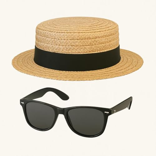 Classic Straw Boater Hat and Black Sunglasses Set – Vintage Skimmer Hat with Ribbon Band & Retro Shades – Fancy Dress Accessory Kit for Men & Women – Great for 1920s Costumes, Summer Parties, Stage Pe