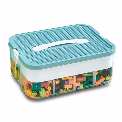 Storage Boxes,Transparent Toy Box Organizer,Stackable Lego Storage Boxes with Lid,Handle,Plastic Multi Compartments Container Chest Case for Storing Toys,Jewelry,Crafts,Tools,Lego (Green, 1 Tier)