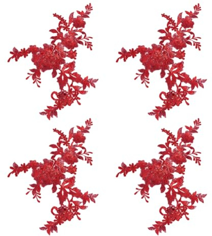 HOBBIESAY 4 Stück Stickerei Pailletten Spitzen Applikation Rote Blumen Applikationen Nähen Florale Stoffflicken Dekorative Reparaturflicken Für Hochzeitskleid Kleid Mieder Kostüm Kleidung Basteln