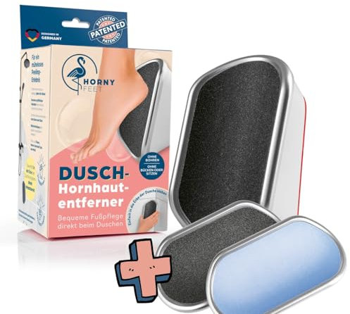 HornyFeet Hornhautentferner für die Dusche inkl. Ersatz-Feilenset (2 Feilen fein & grob) | Extragroße Hornhautfeile für ein perfektes Ergebnis - hygienisch & langlebig [Weiß]