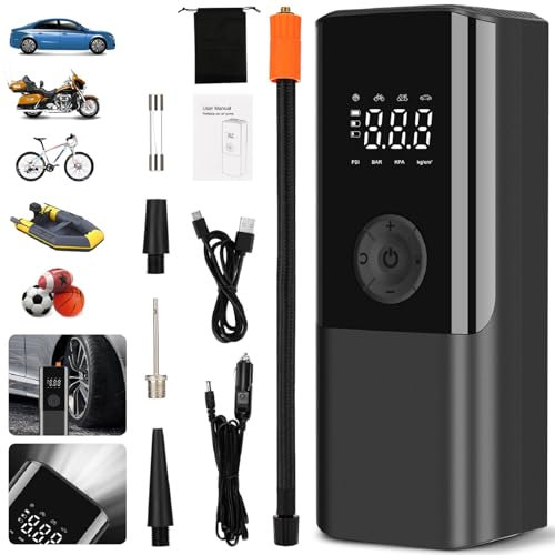 Elektrische Luftpumpe, 150 PSI Akku Fahrradpump mit Manometer/LED-Licht/Digital LED Anzeige, 4500mAh Akku Wiederaufladbar Luftpumpefür Fahrrad, Auto, Motorrad, Bälle