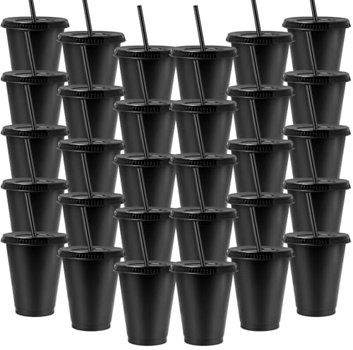 YFNVH Lot de 30 gobelets noirs avec couvercles et paille, 450 ml, réutilisables, en plastique, sans BPA, réutilisables, pour café glacé, jus, anniversaire, JGA et voyages