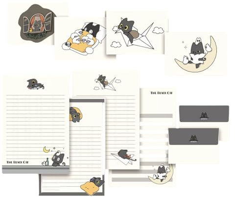 Briefpapier mit Briefumschlag, Motiv: kleine schwarze Katzen, Briefpapier-Set mit Umschlägen, schönes Briefpapier, 1 Set