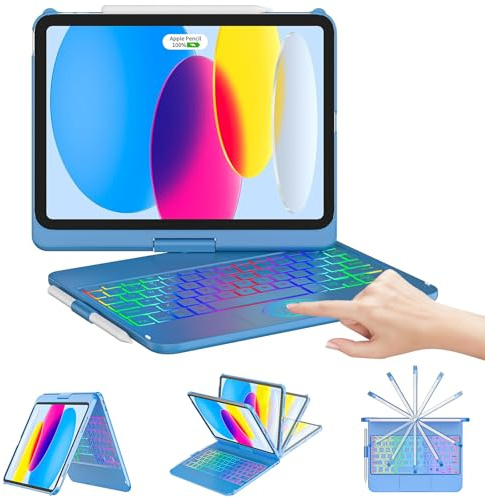 CC Store for ipad A16 11th 10th Generation Case with Keyboard, 360° Swivel | 7 Colors Backlit, Multi-Touch Trackpad, Pencil Holder for iPad A16 11th Gen 2025 & 10th Gen 10.9 2022, Blue