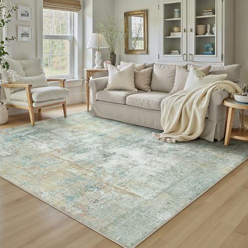 HUGEAR Blau Gelb Teppich Wohnzimmer 150x210cm Waschbarer | Waschbarer Modern Abstrakter Teppich,Rutschfest, Kurzflorig, Weich, für Wohnzimmer, Schlafzimmer, Esszimmer,Büro