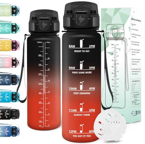 Motswedi Botella agua 1 litro, Reutilizable, Cantimplora, a Prueba de Fugas, Botella agua Gimnasio, con Marcador de Tiempo, botellas Gympara Escuela, Gym, Yoga, Oficina, Negro Rojo