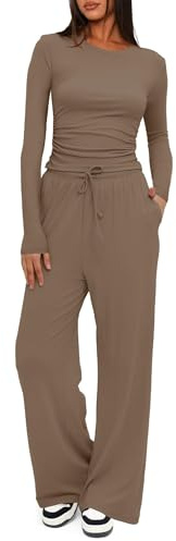 BUNSLOOM Zweiteiler Damen Herbst Elegant 2 Teiler Set Basic Hosenanzug Loungewear Sets T-shirts Tops Elastische Taille Hosen Sleepwear Outfit