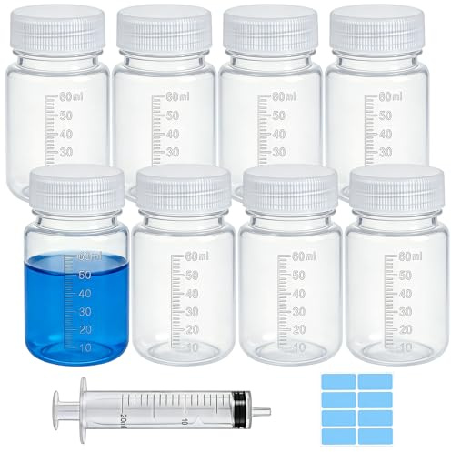 HavaCue 8 Pièces 60ml Bouteille à Col Large avec Échelle Transparent | Bouteille de Laboratoire Kit, Bouteilles en Plastique à Col Large pour Flacons à Pilules Bouteilles D'échantillons D'eau