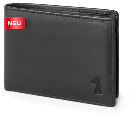 Berliner Bags Geldbörse Herren Kees Premium, Bifold Querformat - Schwarz | Klein Geldbörse Querformat mit 8 Kartenfächer, Ausweisfenster, Münzfach für 10 & 20 Euro Scheine, TÜV-geprüfter RFID-Schutz