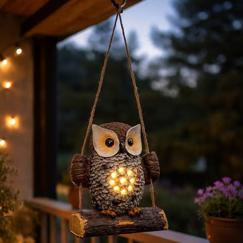 Spetebo Solar Gartenfigur Eule auf Schaukel zum Hängen - 17 x 14 cm | für Außen Solarlampe Dekofigur Tier Figur Statue Deko Lampe Garten Beleuchtung
